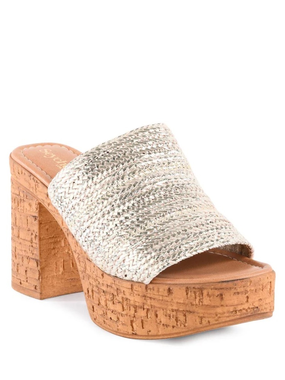 Seychelles Gold Woven Platform Mules with Cork Block Heel